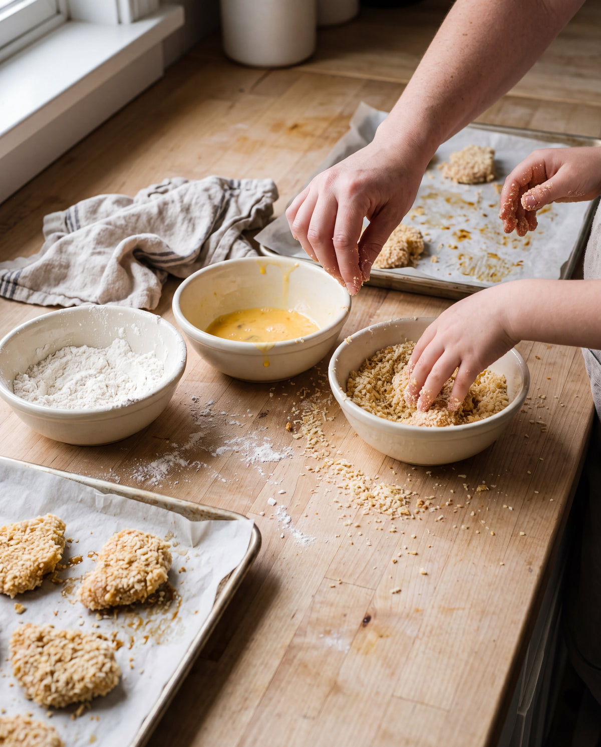 A parent and child breading chicken together at a kitchen counter