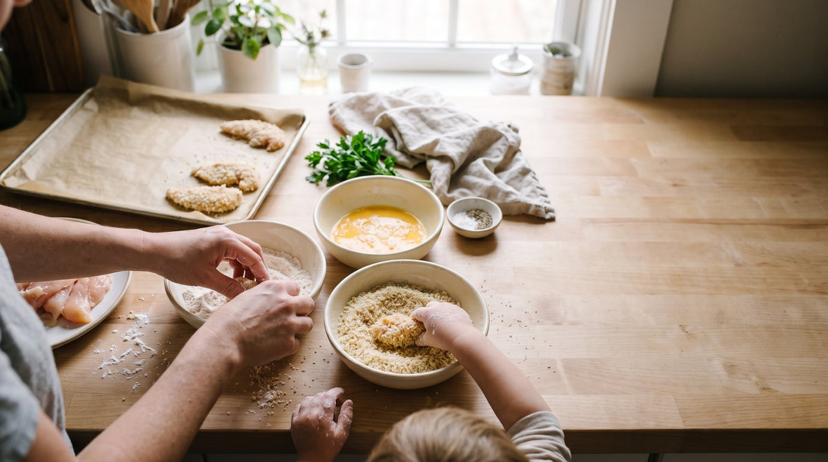A sunny home kitchen counter where a parent and child bread chicken for dinner