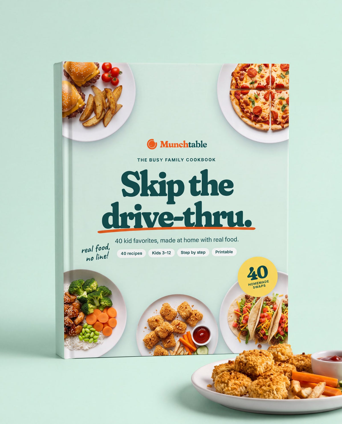 Mockup of Skip the Drive-Thru as a hardcover book next to baked chicken nuggets (AI image). The product is a PDF e-book.