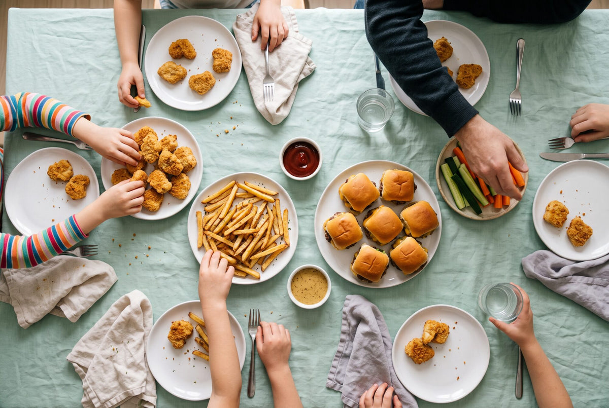 Family dinner table with homemade nuggets, sliders and fries, hands reaching in