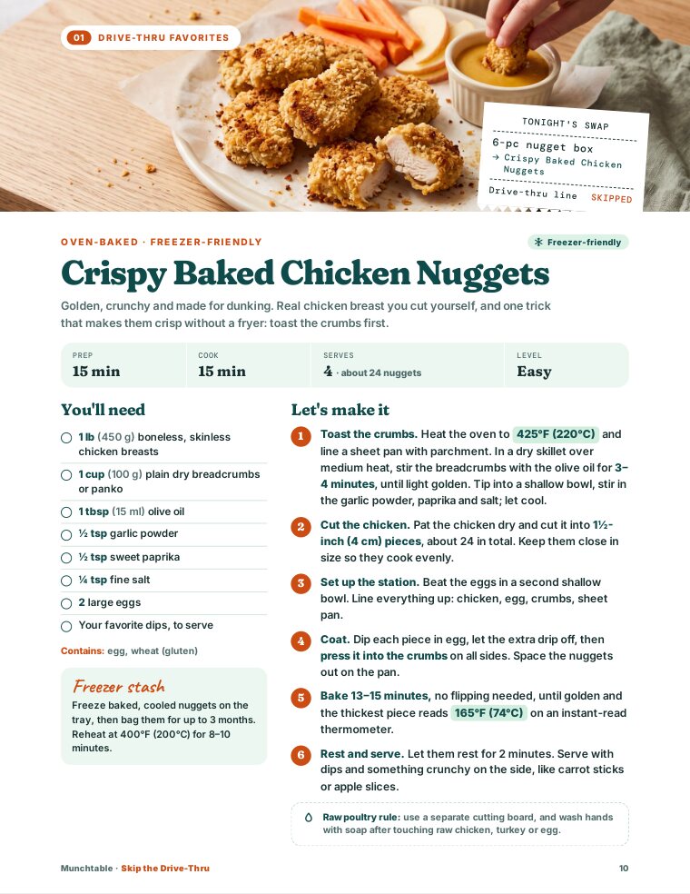 Recipe 01, page 1: Crispy Baked Chicken Nuggets